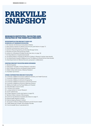 Parkville
SNAPSHOT
INVESTMENTS IN THE PRECINCT’S NEW LIFE
SCIENCES & ICT RESEARCH FACILITIES
1. The Victorian Life Sciences Computation Initiative
2. Peter Doherty Institute for Infection and Immunity (see feature on page 11)
3. Parkville Comprehensive Cancer Centre
4. Centre for Neural Engineering and the Data Storage Centre
5. Parkville and Austin Neurosciences Facility
6. Institute for a Broadband Enabled Society (see story on page 19)
7. The Royal Women’s Hospital (total rebuild)
8. The Royal Children’s Hospital and Murdoch Children’s Research Institute (total rebuild)
9. The Royal Dental Hospital of Melbourne and The Melbourne Dental School (total rebuild)
10. Aikenhead Centre for Medical Discovery (proposal in collaboration)
EXISTING PRECINCT FACILITIES BEING EXPANDED
11. BioGrid Australia
12. National ICT Australia: Victorian Research Laboratory
13. Bio21 Molecular Science and Biotechnology Institute
14. Walter & Eliza Hall Institute of Medical Research
15. Australian Synchrotron
OTHER CONTRIBUTING PRECINCT FACILITIES
16. University of Melbourne Faculty of Medicine Dentistry and Health Sciences
17. University of Melbourne Faculty of Science
18. University of Melbourne School of Engineering
19. University of Melbourne School of Land & Environment
20. University of Melbourne School of Veterinary Science
21. Melbourne Health and the Royal Melbourne Hospital
22. Peter McCallum Cancer Centre
23. The Bionic Ear Institute
24. Ludwig Institute for Cancer Research
25. Austin LifeSciences
26. Orygen Research Centre (see feature on page 23)
27. Bernard O’Brien Institute of Microsurgery
28. Centre for Eye Research Australia (see feature on page 7)
29. Mental Health Research Institute
30. National Ageing Research Institute
31. St Vincent’s Institute of Medical Research and St Vincent’s Health
32. CSIRO Molecular & Health Technologies Parkville
33. Commonwealth Serum Laboratories Ltd
RESEARCH INSTITUTES, FACULTIES AND
FACILITIES IN THE PARKVILLE PRECINCT
RESEARCH REVIEW 2009
14
 