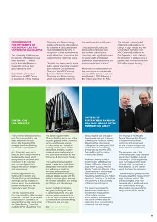 The University’s new Economics
and Commerce building has
been awarded a five-star
Green Star Education Pilot
rating by the Green Building
Council of Australia (GBCA).
And it has also been short-
listed for the Victorian Premier’s
Sustainability Award, which
recognises the hard work and
innovation of the business
and community sectors to
reduce their carbon footprint
and resource use.
Announcing the short-list,
Victorian Environment and
Climate Change Minister Gavin
Jennings said the finalists all
share a vision for a sustainable
present and future and the
ingenuity to see it through.
The new Economics and
Commerce building, affectionately
known as ‘The Spot’, is the largest
construction in Australia to be
awarded the five-star rating under
the Green Building Council of
Australia’s Pilot Educational Tool.
The 25,000-square-metre
12-storey building forms part of the
southern gateway to the University
campus and houses a range
of collaborative and individual
teaching spaces, open access
laboratories, theatres, student
break-out areas and academic
and administrative offices for the
Economics & Commerce Faculty.
The building’s rating is part of
a pilot for education institutions
designed to improve the health
and wellbeing of students.
It includes environmentally
sustainable initiatives including
a double-glazed facade with the
ability to minimise glare, features
for rainwater collection, low-energy
light fittings, and bike storage.
Current modelling indicates
the ‘green’ building will result
in carbon reductions of 73 per
cent and water use reductions
of 90 per cent compared with a
conventional education building
of the same size and use.
See: www.pb.unimelb.edu.
au/building_projects.html
Measuring the size and age of
the universe has won University
of Melbourne Professor Jeremy
Mould and his international
colleagues the prestigious 2009
Gruber Prize for Cosmology,
announced by the Peter and
Patricia Gruber Foundation
in the United States.
Professor Jeremy Mould of
the University of Melbourne’s
School of Physics shares the
prize worth $US500,000 with
Wendy Freedman, Director of the
Observatories of the Carnegie
Institution of Washington in
Pasadena, California, and Robert
Kennicutt, Director of the Institute
of Astronomy at the University
of Cambridge in England.
The award recognises the
astronomers’ leadership in
the definitive measurement
of the Hubble constant,
which explains the expansion
rate of the universe since its
beginning, thus connecting the
universe’s size with its age.
The findings of the Hubble
Space Telescope Key Project
in 1999 have since been
confirmed and recognised
as one of the most important
measurements in astronomy.
The expansion rate of the
universe has been hotly debated
since Edwin Hubble’s original
discovery in 1929 that galaxies
were rushing away from each
other at a rate proportional to
their distance, i.e. the further
apart, the faster the recession.
“We were able to greatly improve
the accuracy of the measurement”
says Professor Mould. “We
are receiving this prize now
because a lot of additional work
has confirmed our findings,
allowing the prize givers to be
very confident of our results.”
Green light
for ‘The Spot’
University
researchers awarded
Bill and Melinda Gates
Foundation grant
Funding boost
for University of
Melbourne–led ARC
Centres of Excellence
Two University of Melbourne–
led Centres of Excellence have
been awarded $17 million
by the Australian Research
Council to continue their
groundbreaking work.
Based at the University of
Melbourne, the ARC Centre
of Excellence for Free Radical
Chemistry and Biotechnology
and the ARC Centre of Excellence
for Coherent X-ray Science have
received additional funding in
recognition of their achievements,
and to allow them to continue their
research for the next three years.
“Australia has been a world leader
in free radical chemistry research,”
said Professor Carl Schiesser,
Director of the ARC Centre of
Excellence for Free Radical
Chemistry and Biotechnology,
which received $9.8 million for
the next three-and-a-half years.
“This additional funding will
allow us to continue to push
the frontiers of free radical
chemistry, with significant impact
on good health and disease
prevention, materials science and
environmental best practice.”
More than 140 researchers from
five institutions across Australia
are part of the Centre, which was
established in 2005 following a
$12 million grant from the ARC.
The Monash University–led
ARC Centre of Excellence in
Design in Light Metals and the
University of Tasmania–led
ARC Centre of Excellence in
Ore Deposits, in both of which
the University of Melbourne is a
partner, also received more than
$17 million in extra funding.
33
 