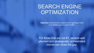 SEARCH ENGINE
OPTIMIZATION
Objective: Maximize the opportunity of getting in front
of available organic search traffic.
For those that are not #1, several well
planned and strategically orchestrated
moves can close the gap.
 