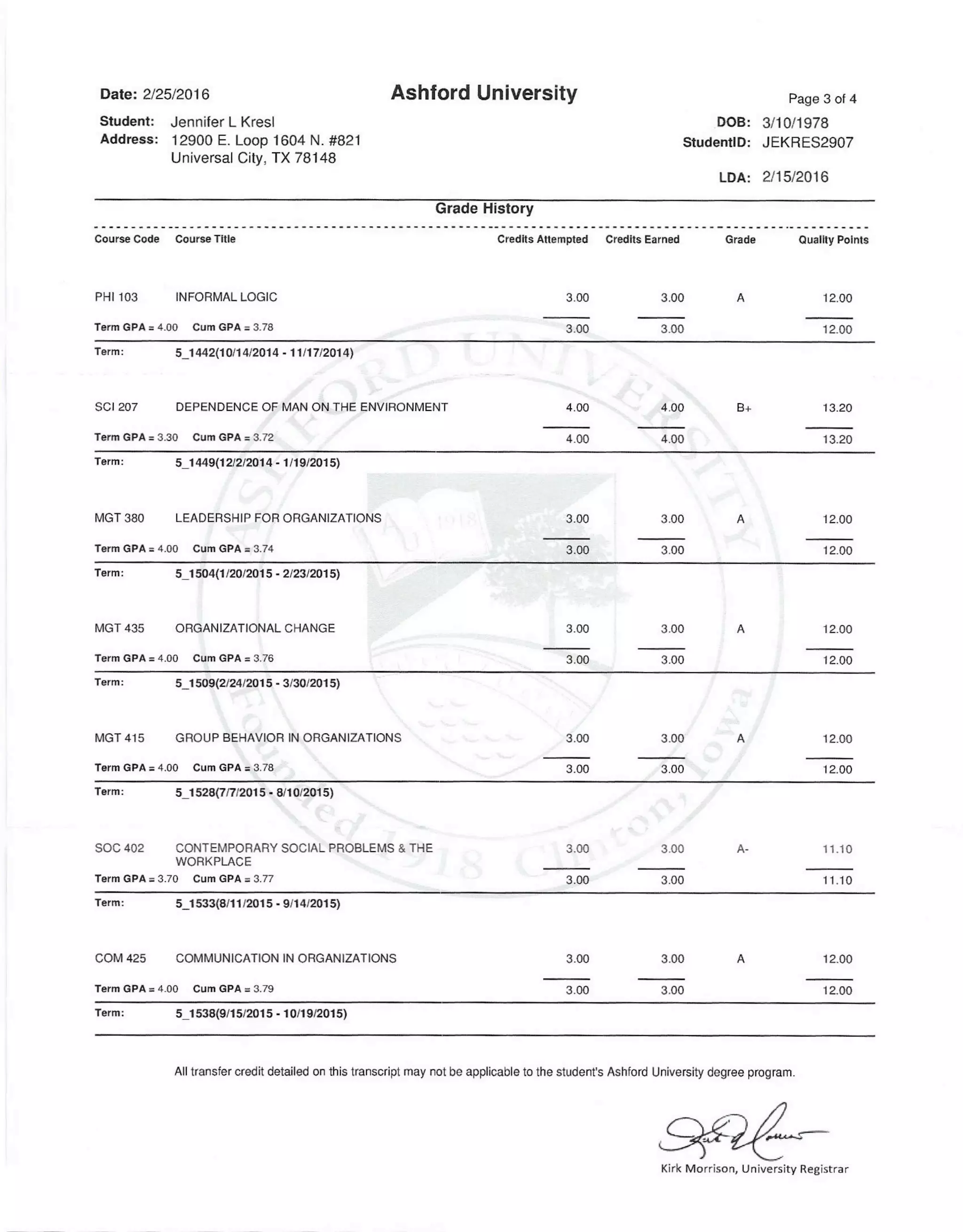 Ashford University Transcript PDF
