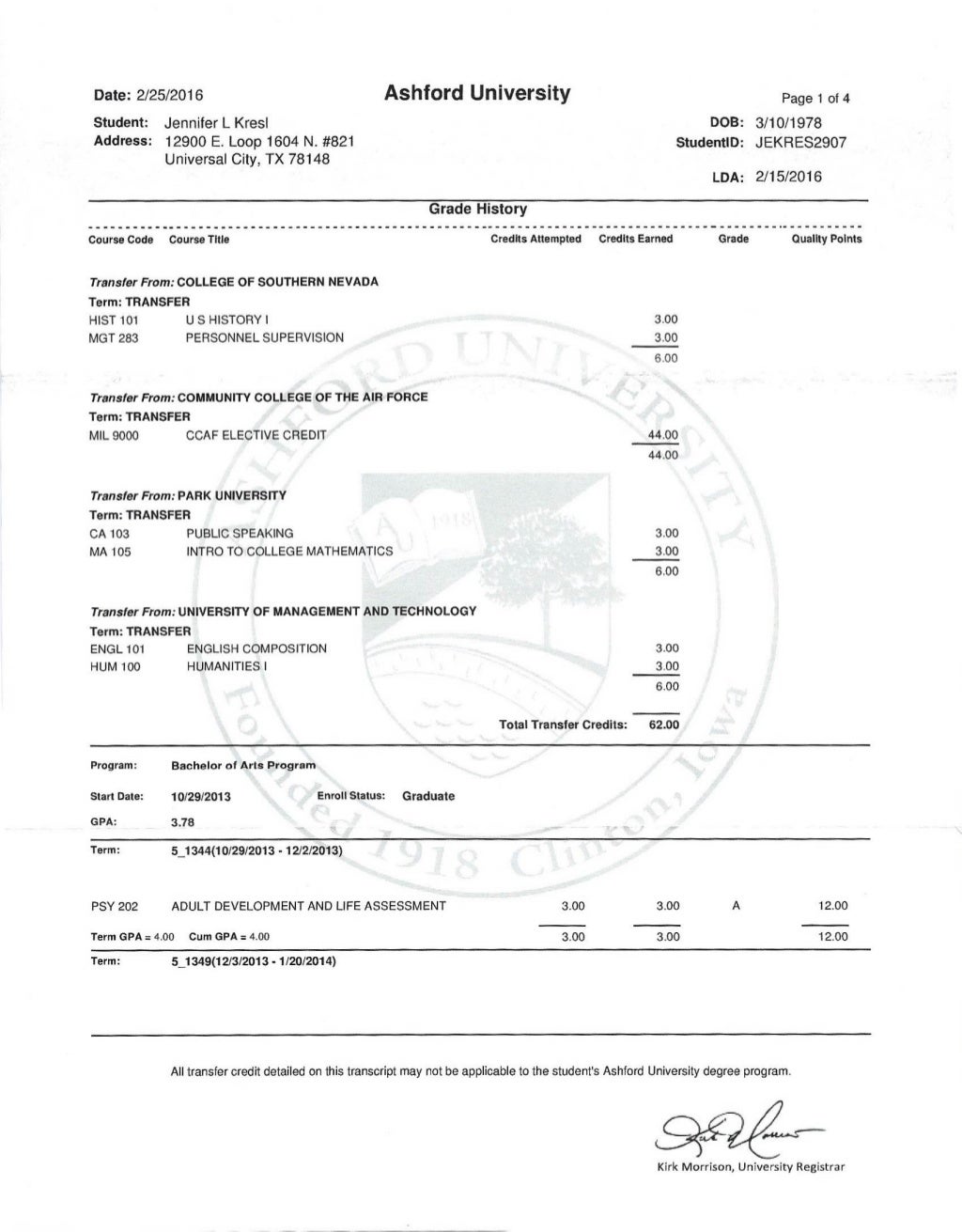 Ashford University Transcript