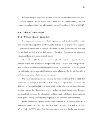 31
Having developed our coarse-grained model for conformation-dependent elec-
trophoretic mobility, we ran simulations to verify that our model correctly captures
experimental observations that rely on conformation-dependent mobility of ds-DNA.
3.4 Model Veriﬁcation
3.4.1 Straight channel migration
One important observation in both experiments and simulations that results
from conformation-dependent electrophoretic mobility is the migration of polyelec-
trolytes across streamlines in straight channels with both pressure-driven ﬂow and
electric ﬁelds applied in a parallel manner. Therefore, this acts as an important
validation of our new coarse-grained model.
The results of [49] describe a mechanism for the migration. Speciﬁcally, the
pressure-driven ﬂow will deform the polymer from its coiled and isotropic state.
This change in conformation changes the mobility. In particular, the major axis of
the radius of gyration tensor is tilted at an angle relative to the electric ﬁeld which
leads to a migration velocity across the channel.
Our coarse-grained model can undergo the same mechanism but in which the
reason for the change in mobility and the way it is captured in the model are
diﬀerent. In the model of [41], the beads which can be relatively far apart along the
polymer contour directly interact with electrohydrodynamic interactions. Instead,
our model only includes the interactions within a single rod of each Kuhn segment,
which gives a spring a mobility that depends on its extension and orientation.
In the simulations, a parabolic ﬂuid velocity proﬁle u∞
is imposed along with
a constant electric ﬁeld E. The ﬂuid ﬂow is in the x-direction and is given by
u∞
x = γH(1 − (y/H)2
), where γ is the average shear rate, y is the distance from the
 