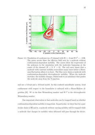 42
Figure 4.1: Simulation of a polymer in a T-channel with Wi = 2 and WiE
= −3.96.
The green arrows show the eﬀective ﬁeld seen by a molecule without
conformation-dependent mobility. The curves show the trajectories of
the polymers in the simulation with the molecules beginning at the
center of the channel (X = 0, Y = 0). The red curve shows that a
molecule with constant mobility recirculates many times before a Brow-
nian ﬂuctuation allows it to leave. The blue curve shows a molecule with
conformation-dependent electrophoretic mobility. When the molecule
stretches, the mobility changes, which leads to an unbalance that pushes
the molecule away from the T-junction.
and use a 5-bead and a 10-bead model. In this conﬁned microﬂuidic system, bead
conﬁnement with respect to the boundaries is enforced with a Heyes-Melrose al-
gorithm [95]. Wi is the ﬂow Weissenberg number and WiE
is the electrophoretic
Weissenberg number.
One important observation is that molecules can be trapped based on whether
conformation-dependent mobility is important. In particular, we show that for a par-
ticular choice of E and v, a molecule without varying mobility will be trapped while
a molecule that changes its mobility when deformed will pass through the device.
 