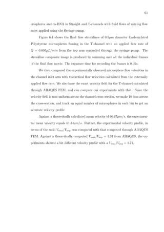 61
crospheres and ds-DNA in Straight and T-channels with ﬂuid ﬂows of varying ﬂow
rates applied using the Syringe pump.
Figure 6.4 shows the ﬂuid ﬂow streaklines of 0.5µm diameter Carboxylated
Polystyrene microspheres ﬂowing in the T-channel with an applied ﬂow rate of
Q = 0.005µL/min from the top arm controlled through the syringe pump. The
streakline composite image is produced by summing over all the individual frames
of the ﬂuid ﬂow movie. The exposure time for recording the frames is 0.05s.
We then compared the experimentally observed microsphere ﬂow velocities in
the channel inlet arm with theoretical ﬂow velocities calculated from the externally
applied ﬂow rate. We also have the exact velocity ﬁeld for the T-channel calculated
through ABAQUS FEM, and can compare our experiments with that. Since the
velocity ﬁeld is non-uniform across the channel cross-section, we make 10 bins across
the cross-section, and track an equal number of microspheres in each bin to get an
accurate velocity proﬁle.
Against a theoretically calculated mean velocity of 66.67µm/s, the experimen-
tal mean velocity equals 61.34µm/s. Further, the experimental velocity proﬁle, in
terms of the ratio Vmax/Vavg, was compared with that computed through ABAQUS
FEM. Against a theoretically computed Vmax/Vavg = 1.91 from ABAQUS, the ex-
periments showed a bit diﬀerent velocity proﬁle with a Vmax/Vavg = 1.71.
 