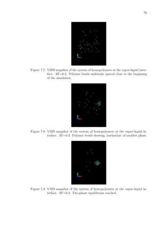 76
Figure 7.7: VMD snapshot of the system of homopolymers at the vapor-liquid inter-
face. AF=0.3. Polymer beads uniformly spaced close to the beginning
of the simulation.
Figure 7.8: VMD snapshot of the system of homopolymers at the vapor-liquid in-
terface. AF=0.3. Polymer beads showing ‘nucleation’ of another phase.
Figure 7.9: VMD snapshot of the system of homopolymers at the vapor-liquid in-
terface. AF=0.3. Two-phase equilibrium reached.
 
