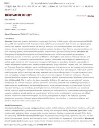 7/29/2015 ACE | Guide to the Evaluation of Educational Experiences in the Armed Services
http://www2.acenet.edu/militaryguide/ShowAceOccupations.cfm?ACEID=MOS­15E­004 1/2
GUIDE TO THE EVALUATION OF EDUCATIONAL EXPERIENCES IN THE ARMED
SERVICES
OCCUPATION EXHIBIT Back to Results    Print Page
MOS­15E­004
UNMANNED AIRCRAFT SYSTEMS REPAIRER
15E30
15E40
Exhibit Dates: 7/08–Present.
Career Management Field: 13 (Field Artillery).
Description
Summary: Supervises, inspects and performs maintenance functions, in UAS aviation field maintenance units (AVUM)
and (AVIM) and repairs the aircraft electrical, avionics, radio frequency, propulsion, fuel, removes and replaces optical
payload, and weapons systems to include the electrical, electronic, and mechanical systems associated with those
systems, Ground Control Station electrical and electronic systems, the Ground Data Terminal electrical, electronic, and
radio frequency systems, takeoff and landing systems, and associated ground support equipment. Skill Level 30:
Supervises and provides technical guidance to subordinate personnel performing unmanned aircraft systems
maintenance; evaluate maintenance operations and facilities for compliance with directives, technical manuals, work
standards, safety procedures and operational policies; performs maintenance trend analysis and applies production
control, quality control and other maintenance management principles and procedures. Computes basic weight and
balance and ensures compliance with aircraft configuration control, Army Oil Analysis Program, and Test, Measurement,
and Diagnostic Equipment calibration; performs technical inspections. Instructs personnel and conducts technical training
in unmanned aircraft systems electrical, avionic, radio frequency, propulsion, fuel, optical payload, and weapon systems
repair procedures and shop and flight line safety; evaluates the technical training program; monitors requisition of parts,
tools and supplies; management of people in the work environment; organizes development techniques; influences
behavior at work and the factors that contribute to interpersonal relations; and effective verbal and written communication
skills. Skill Level 40: Able to perform the duties required for Skill Level 30; supervises unmanned aircraft systems
maintenance and technical inspection activities; determines man­hours, personnel, parts and facility requirements to
repair unmanned aircraft systems and associated equipment; plans maintenance areas, component repair, technical
inspection techniques, and procedures, according to directives, technical manuals, work standards, and operational
policies; maintains supply economy and disciplines; supervises the unmanned aircraft systems technical training program;
prepares evaluations, special reports, and records pertaining to unmanned aircraft systems maintenance and related
activities; recommends and administers plans and policies; management of people in the workplace; organizes
development techniques; influences behavior at work and the factors that contribute to interpersonal relations; and
effective verbal and written communication skills.
Related Competencies
Introduction to human resource management topics include conflict resolution, cultural diversity, health and safety, job
analysis, managerial ethics, performance appraisals, staffing, and training and delivery. Computer applications topics
include Adobe applications, basic computer skills, computer hardware, database management, Microsoft Office Suite,
and scheduling. Introduction to management topics include logistical support planning, operations execution, oral and
written communications, planning and coordinating projects, safety procedures development, and scheduling. Unmanned
aircraft electronics technician topics include avionics principles, electrical component maintenance, electronic avionic
 