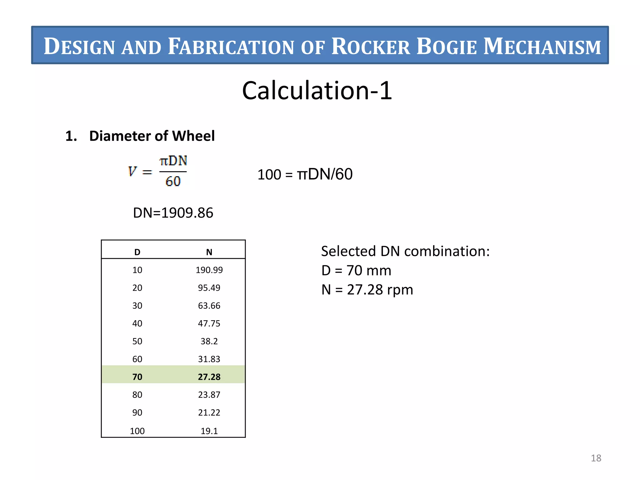 Calculation-1
1. Diameter of Wheel
100 = πDN/60
DN=1909.86
Selected DN combination:
D = 70 mm
N = 27.28 rpm
D N
10 190.99
20 95.49
30 63.66
40 47.75
50 38.2
60 31.83
70 27.28
80 23.87
90 21.22
100 19.1
18
DESIGN AND FABRICATION OF ROCKER BOGIE MECHANISM
 
