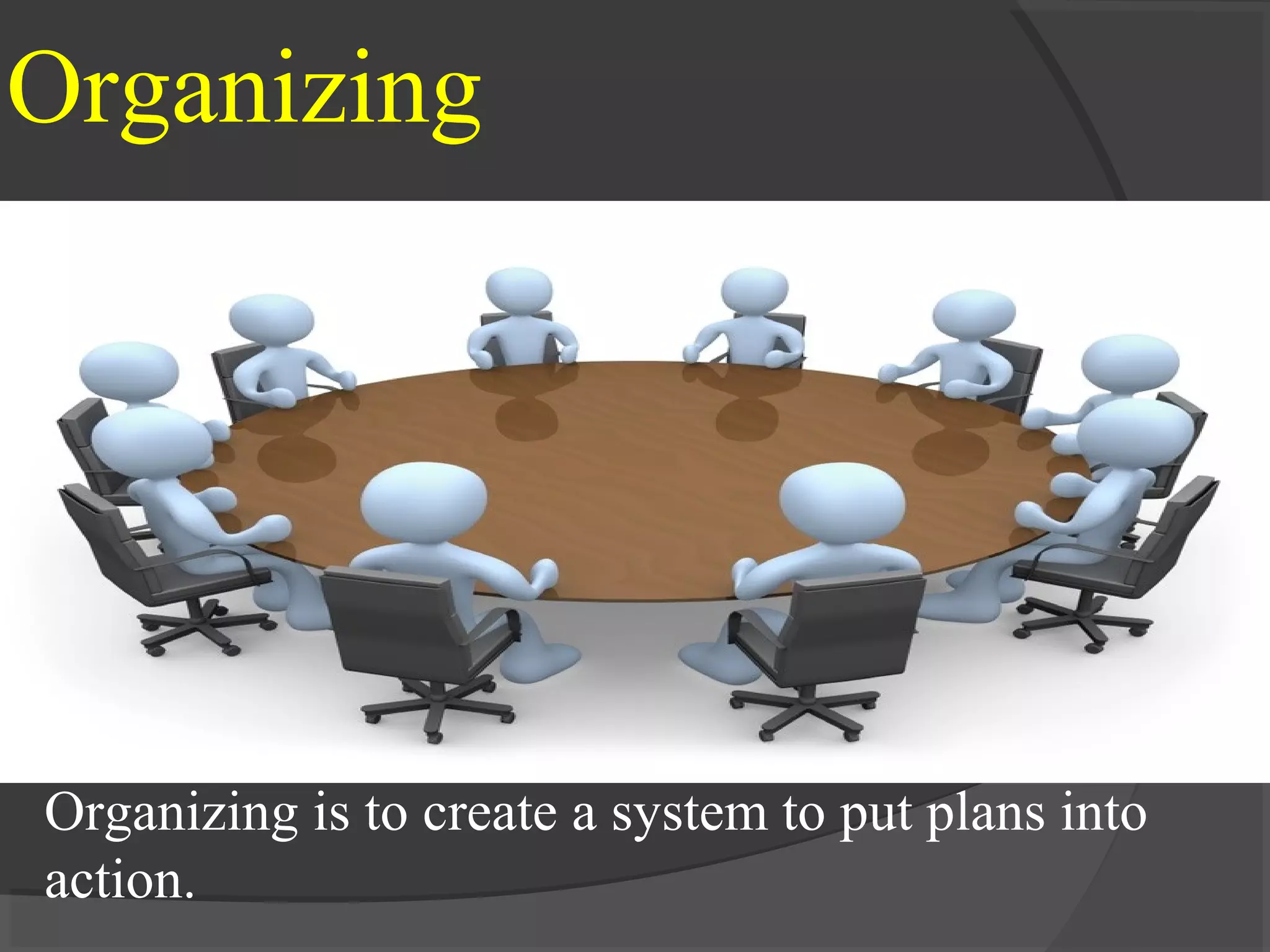 Organizing
Organizing is to create a system to put plans into
action.
 