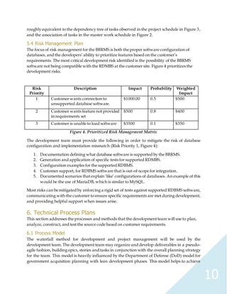 10
roughly equivalent to the dependency tree of tasks observed in the project schedule in Figure 3,
and the association of tasks in the master work schedule in Figure 2.
5.4 Risk Management Plan
The focus of risk management for the BBRMS is both the proper software configuration of
databases, and the developers’ ability to prioritize features based on the customer’s
requirements. The most critical development risk identified is the possibility of the BBRMS
software not being compatible with the RDMBS at the customer site. Figure 4 prioritizes the
development risks.
Risk
Priority
Description Impact Probability Weighted
Impact
1 Customer wants connection to
unsupported database software.
$1000.00 0.5 $500
2 Customer wants feature not provided
in requirements set
$500 0.8 $400
3 Customer is unable to load software $3500 0.1 $350
Figure 4. Prioritized Risk Management Matrix
The development team must provide the following in order to mitigate the risk of database
configuration and implementation mismatch (Risk Priority 1, Figure 4):
1. Documentation defining what database software is supported by the BBRMS.
2. Generation and application of specific tests for supported RDMBS.
3. Configuration examples for the supported RDBMS.
4. Customer support, for RDBMS software that is out-of-scope for integration.
5. Documented scenarios that explain ‘like’ configurations of databases. An example of this
would be the use of MariaDB, which is similar to MySQL.
Most risks can be mitigated by enforcing a rigid set of tests against supported RDBMS software,
communicating with the customer to ensure specific requirements are met during development,
and providing helpful support when issues arise.
6. Technical Process Plans
This section addresses the processes and methods that the development team will use to plan,
analyze, construct, and test the source code based on customer requirements.
6.1 Process Model
The waterfall method for development and project management will be used by the
development team. The development team may organize and develop deliverables in a pseudo-
agile fashion, building epics, stories and tasks in conjunction with the overall planning strategy
for the team. This model is heavily influenced by the Department of Defense (DoD) model for
government acquisition planning with lean development phases. This model helps to achieve
 