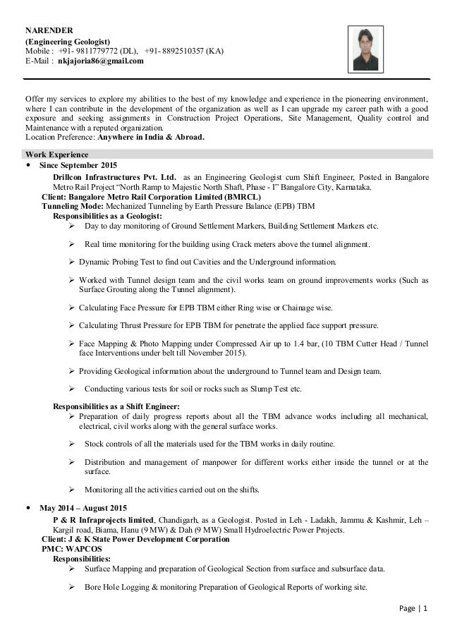 narender geologist shift engg resume resume for engg