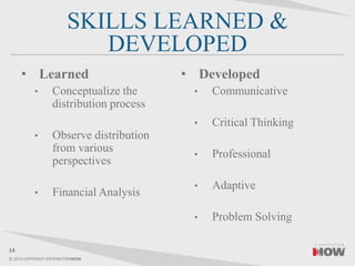 © 2014 COPYRIGHT DISTRIBUTIONNOW
SKILLS LEARNED &
DEVELOPED
• Learned
• Conceptualize the
distribution process
• Observe distribution
from various
perspectives
• Financial Analysis
• Developed
• Communicative
• Critical Thinking
• Professional
• Adaptive
• Problem Solving
14
 