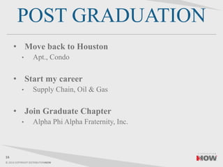 © 2014 COPYRIGHT DISTRIBUTIONNOW
POST GRADUATION
• Move back to Houston
• Apt., Condo
• Start my career
• Supply Chain, Oil & Gas
• Join Graduate Chapter
• Alpha Phi Alpha Fraternity, Inc.
16
 