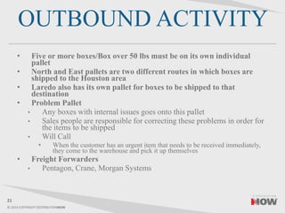 © 2014 COPYRIGHT DISTRIBUTIONNOW
OUTBOUND ACTIVITY
• Five or more boxes/Box over 50 lbs must be on its own individual
pallet
• North and East pallets are two different routes in which boxes are
shipped to the Houston area
• Laredo also has its own pallet for boxes to be shipped to that
destination
• Problem Pallet
• Any boxes with internal issues goes onto this pallet
• Sales people are responsible for correcting these problems in order for
the items to be shipped
• Will Call
• When the customer has an urgent item that needs to be received immediately,
they come to the warehouse and pick it up themselves
• Freight Forwarders
• Pentagon, Crane, Morgan Systems
21
 