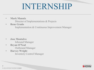 © 2014 COPYRIGHT DISTRIBUTIONNOW
INTERNSHIP
• Mark Mannix
Director of Implementations & Projects
• Rene Grado
Implementation & Continuous Improvement Manager
• Jose Montalvo
Inbound Manager
• Bryan O'Neal
Outbound Manager
• Harvey Wright
Inventory Control Manager
3
 
