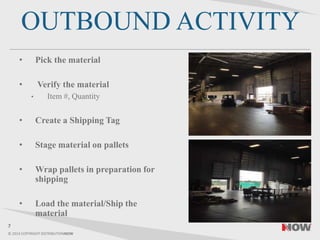 © 2014 COPYRIGHT DISTRIBUTIONNOW
OUTBOUND ACTIVITY
• Pick the material
• Verify the material
• Item #, Quantity
• Create a Shipping Tag
• Stage material on pallets
• Wrap pallets in preparation for
shipping
• Load the material/Ship the
material
7
 