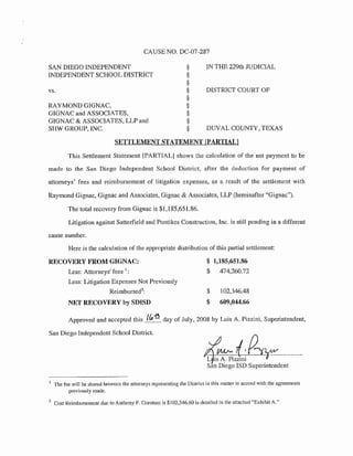 CAUSE NO. DC-07-287
SAN DIEGO INDEPENDENT
INDEPENDENT SCHOOL DISTRICT
vs.
RAYMOND GIGNAC,
GIGNAC and ASSOCIATES,
GIGNAC & ASSOCIATES, LLP a.nd
SHW GROUP, INC.
§
§
§
§
§
§
§
§
§
IN THE 229th JUDICIAL
DISTRICT COURT OF
DUVAL COUNTY, TEXAS
SETTLEMENT STATEMENT [PARTIAl"]
This Settlement Statement !PARTIAL} shows the calculation of the net payment to be
made t:o the San Diego Independent School District, after the deduction for payment of
attorneys' fees and reimbursement of litigation expenses, as a result of the settlement with
Raymond Gignac, Gignac and Associates, Gignac & Associates, LLP (hereinafter "Gignac").
The total recovery from Gignac is $1,185,651.86.
Litigation against Satterfield and Pontikes Construction, Inc. is still pending in a different
cause number.
Here is the calculation of the appropriate distribution of this partial settlement;
RECOVERY FROM GIGNAC:
Less: Attorneys' fees 1:
Less: Litigation Expenses Not Previously
Reimbursecfl:
NET RECOVERY by SDISD
$ 1,185,651.86
$ 474,260.72
$ 102,346.48
$ 609,044.66
Approved and accepted this /{.g~ day of July, 2008 by Luis A. Pizzini, Superintendent,
San Diego Independent School District
Y!.. u~-~ini
San Diego ISD Superintendent
1 The fee will be shared bclwccn the attorneys representing the District in this matter in accord with the agreements
previously made.
2 Cost Reimbursement due to Anthony f. Constant is $!02,346.60 is detalled in the attached "Exhibit A."
 