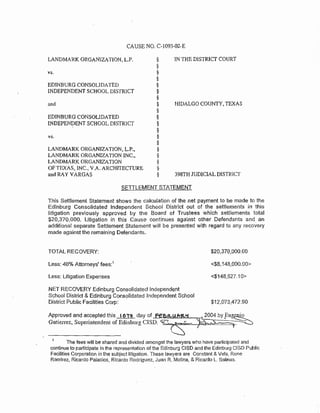 CAUSE NO. C-1093-02-E
LANDMARK ORGANJZATION, LP. §
§
§
§
§
§
§
§
§
§
§
§
§
§
§
§
§
§
§
IN THE DISTRICT COURT
vs.
EDlNBURG CONSOLJDATED
INDEPENDENT SCHOOL DISTRICT
and HIDALGO COUNTY, TEXAS
EDINBURG CONSOUDATED
INDEPENDENT SCHOOL DJSTRJCT
vs.
LANDMARK ORGANJZATION, L.P.,
LANDMARK ORGANlZATJON INC.,
LANDMARK ORGANIZATION
OF TEXAS, lNC., V.A. ARCHITECTURE
and RAY VARGAS 398TH JUDICIAL DISTRlCT
SETTLEMENT STATEMENT
This Settlement Statement shows the calculation of the net payment to be made to the
Edinburg Consolidated Independent School District out of the settlements in this
litigation previously approved by the Board of Trustees which settlements total
$20,370,000. Litigation in this Cause continues against other Defendants and an
additional separate Settlement Statement will be presented with regard to any recovery
made against the remaining Defendants.
TOTAL RECOVERY:
Less: 40% Attorneys' fees:1
Less: Litigation Expenses
NET RECOVERY Edinburg Consolidated Independent
School District &Edinburg Consolidated Independent School
District Public Facilities Corp:
$20,370,000.00
<$8,148,000.00>
<$"148,527.1 0>
$12,073,472.90
Approved and accepted this t OJ:It day of. ~!l..~ 2004 by _Eu~
Gutierrez, Superintendent of Edinburg ClSD~"fi~, ~- T~
The fees will be shared and divided amongst the lawyers who have participated and
continue to participate in the represeniation of the Edinburg CISD and the Edinburg CISD Public
Facilities Corporation in lhe subject litigation. These lawyers are Constant & Vela, Rene
Ramirez, Ricardo Palacios, Ricardo Rodriguez, Juan R. Molina, & Ricardo L Salinas.
 