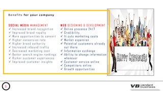 B e n e f i t s fo r y o u r c o m p a ny
S O C I A L M E D I A M A N A G E M E N T
 I n c r e a s e d b r a n d r e c o g n i t i o n
 I m p r o v e d b r a n d r o y a l t y
 M o r e o p p o r t u n i t i e s t o c o n v e r t
 H i g h e r c o n v e r s i o n r a t e
 H i g h e r b r a n d a u t h o r i t y
 I n c r e a s e d i n b o u n d t r a f f i c
 D e c r e a s e d m a r k e t i n g c o s t
 B e t t e r s e a r c h e n g i n e r a n k i n g s
 R i c h e r c u s t o m e r e x p e r i e n c e s
 I m p r o v e d c u s t o m e r i n s i g h t s
W E B D E S I G N I N G & D E V E L O P M E N T
 O n l i n e p r e s e n c e 2 4 / 7
 C r e d i b i l i t y
 I t c u t s m a r k e t i n g c o s t s
 M a r k e t e x p a n s i o n
 P o t e n t i a l c u s t o m e r s a l r e a d y
o u t t h e r e
 I n f o r m a t i o n e x c h a n g e
 A b i l i t y t o c h a n g e i n f o r m a t i o n
w h e n e v e r
 C u s t o m e r s e r v i c e o n l i n e
 C o m p e t i t o r s o n l i n e
 G r o w t h o p p o r t u n i t i e s
5
 