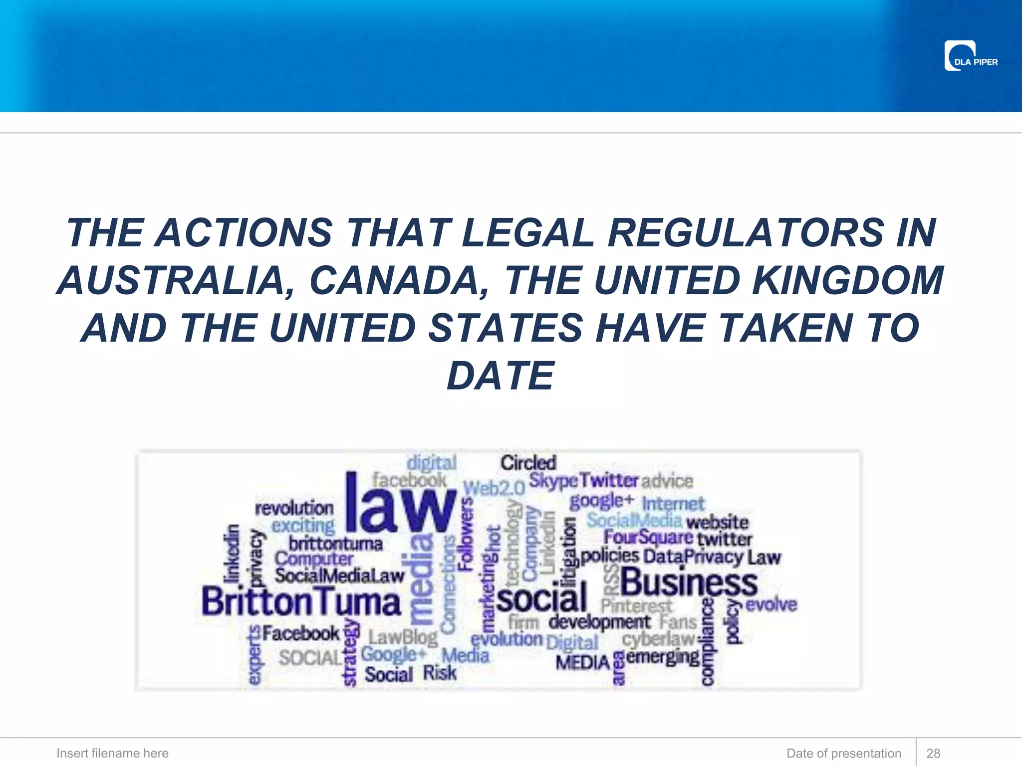 THE ACTIONS THAT LEGAL REGULATORS IN
AUSTRALIA, CANADA, THE UNITED KINGDOM
AND THE UNITED STATES HAVE TAKEN TO
DATE
Date of presentationInsert filename here 28
 