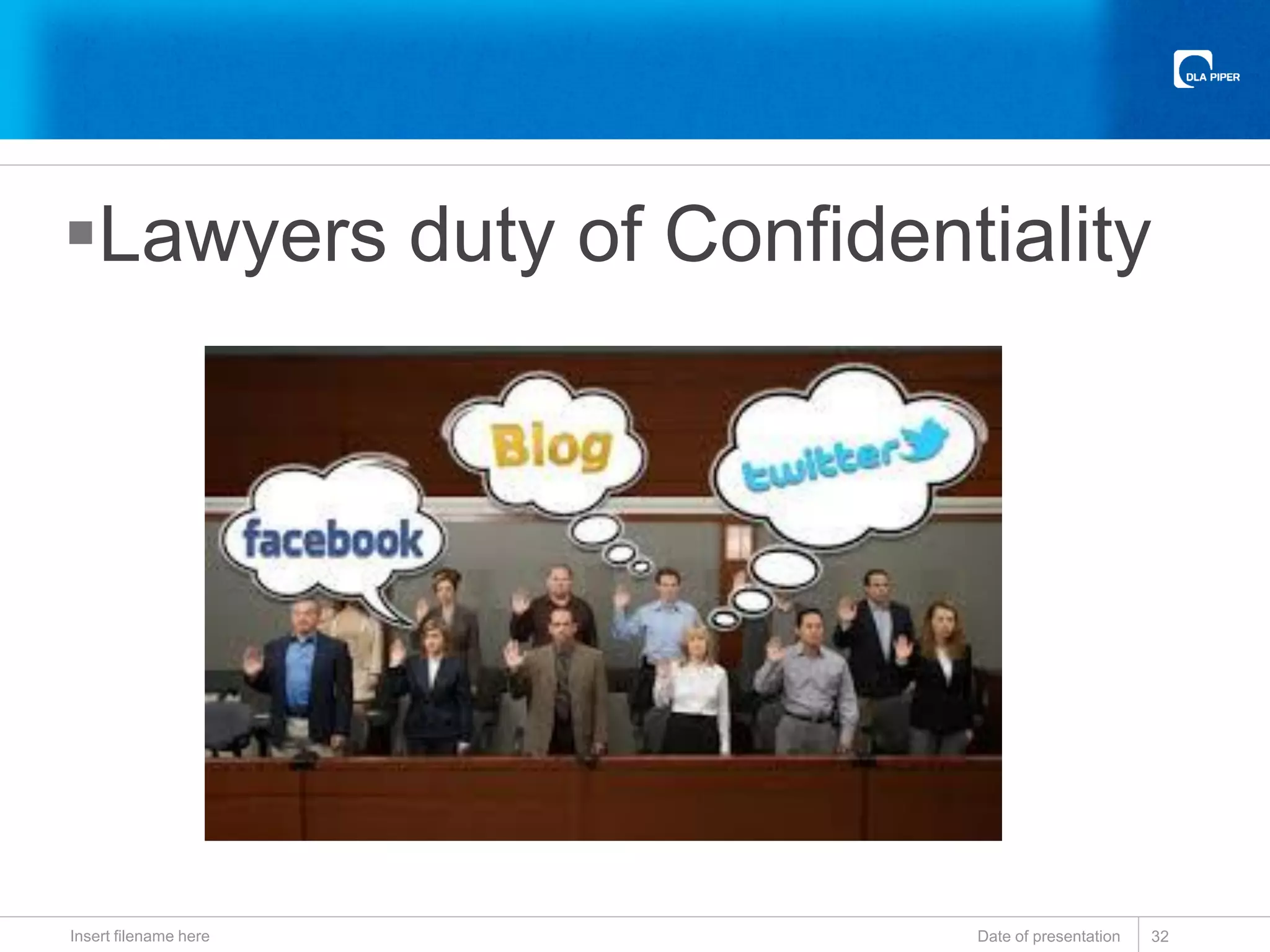 Lawyers duty of Confidentiality
Date of presentationInsert filename here 32
 