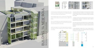56 57
The interior spaces are protected against overheating by exterior shad-
ing system. According to the settings, users can modify the appearance
of sun blinds and regulate natural light penetration.
Vertical vegetation plants are also an important part of shading system
providing natural shading and improving the acoustic quality of the
building.
There is an existing water source under the building that will be used for
water supply of non-potable water this resource will be as well used for
cooling the building by floor cooling system.
Energy concept takes account of solar energy produced by solar dish.
The energy can be stored in batteries, used in the building or distribute
to the network.
Os espaços interiores são protegidos contra aquecimento por sistema
de sombreamento exterior, de acordo com as configurações, os usuári-
os podem modificar a aparência das persianas e regular a penetração
de luz natural.
A vegetação vertical ao longo da fachada também faz parte do sistema
de sombreamento, fornecendo o sombreamento natural e melhora a
qualidade acústica do edifício.
Sob o edifício existe uma fonte de água que vai ser usada para abas-
tecimento de água não potável, este recurso será também usado para
resfriamento do prédio através de um sistema de arrefecimento pelo
pavimento.
A energia dispendida no edifício tem em conta a energia solar pro-
duzida por paineis solares, esta energia pode também ser armazenada
em baterias e ou vendida para a rede.
 