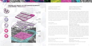* LEED for Neighborhood Development, or LEED-ND, is a rating system that integrates the principles of smart growth, urbanism and green building.
LEED- The most widely recognized and widely used green building program across the globe. URL: <http://www.usgbc.org/leed> 76
O bairro está localizado numa zona de redesenvolvimento. Devido à
crise econômica, projectos de reabilitação/renovação e de desenvolvi-
mento têm vindo a ser travados e mesmo cancelados, impedindo que
Kolbenova se regenere e evolua.Investidores, desenvolvedores e pro-
prietários de imóveis não estão de acordo sobre construções futuras.
Este projeto de zonamento local será uma ferramenta de sincronização
do desenvolvimento futuro e assegurará o crescimento controlado do
bairro de Kolbenova. Um novo regulamento fornecerá a flexibilidade
máxima para construção e estabelecerá regras e princípios gerais de
amenidades cívicas. A proposta inclui entidades de regulamento, de
acordo com o LEED 2009 para o Desenvolvimento do Bairro (socie-
dade, ambiente e economia).
Organismo vivo – Estrutura & células
O bairro de Kolbenova é um organismo vivo apoiado por uma estrutura
(espaço público e semi-público) e células (espaço privado e semi-pri-
vado). O crescimento e desenvolvimento na área é criado por um de-
sign consistente da estrutura que garante a estabilidade e desenvolvi-
mento no organismo vivo, por outro lado, as células são elementos de
crescimento e recuperação do organismo, as células estão ligadas á
estrutura por articulações, que permitem o movimento controlado com
vários níveis de flexibilidade. O crescimento da célula é determinado
por regras e limites de fronteira, mas pode se desenvolver de acordo
com as necessidades e complexidade da situação.
Controlled growth of the quarter Kolbenova
(Living organism - Frame & cells)
PRAGUE 9, CZECH REPUBLIC, 2010/2011
The quarter is located in the redevelopment zone with history legacy
of heavy industry. Due to the economic crisis the renewal projects and
the new development have been stopped. Investors, developers and
property owners are un-unified about future constructions. This local
zoning project will be a tool for synchronization of future development
and securing the growth of the quarter. The new regulation provides the
maximum flexibility for constructionand lays down the main principles of
civic amenities. The proposal includes regulation principals according
to LEED 2009 for Neighborhood Development *.
VISION STATEMENT…
Living organism - Frame & cells
The quarter Kolbenova is a living organism supported by a frame (pub-
lic and semi-public spaces) and some cells (semi-private and private
spaces). Growth and development in the area are created by a con-
sistent design of the frame that ensures supplies and stability of the
organ¬ism. On the other hand, cells are elements of growth and re-
covery of the organism. Cells are connected to the frame by joints that
provide controlled movement by levels of flexibility. The cell growth is
determined by rules and boundary limits, but still has sufficient space
for the future extension.
Crescimento controlado do bairro de Kolbenova
(Organismo vivo - Estrutura & células)
PRAGA 9, REPÚBLICA CHECA, 2010/2011
Branch of architecture: Local zoning - neighborhood development
Program uses: Mixed use
Developed area: 18, 73 ha
Project team: Bc. Zuzana Vrbková, Bc. Huong Nguyen
Ramo de Arquitetura: Zonamento Local - desenvolvimento de um Bairro
Programa : Misto
Área de Desenvolvimento: 18, 73 ha
Equipa de Projeto: Bc. Zuzana Vrbková, Bc. Huong Nguyen
 