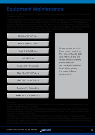11
Equipment Maintenance
All equipment including Prime Movers & Trailers when purchased are set up in Translogix &
Compliancemate.
Compliancemate & Translogix track all work we carry out on our equipment so at any time
we can report on what work has been carried out on our equipment. In these programs
we also schedule all services including road worthies. Our maintenance coordinator uses
theses reports to schedule when services are due, again reducing the need for disruptions
to the day to day running of the business and ensuring equipment is kept in good
condition and reducing unexpected disruptions.
Summary:
In summary we are representing you whether it is to your stores, your customers or to the
public. We take this very seriously.
We expect all our staff and customers to be treated respectfully, fairly and with integrity.
We expect a high standard of presentation both from our staff, with our equipment and in
the way your freight is handled.
We believe in a proactive approach so that any unnecessary issues or disruptions are
avoided. We achieve this through having communication procedures in place as detailed
above both verbally and with our reporting. This ensures our equipment and staff are ready
and we can meet your delivery requirements.
TRUCK A SERVICE.doc
TRUCK B SERVICE.doc
JOB SHEET.doc
Roadworthy Truck.docx
Truck C SERVICE.doc
TRAILER A SERVICE.docx
TRAILER C SERVICE.docx
WARRANTY JOB SHEET.doc
Roadworthy Trailer.docx
Management receives
these reports weekly so
they are kept up to date
and informed and are
aware of any concerns.
Perceived Issues
We don’t perceive any
issues with meeting
the stores delivery
requirements.
 