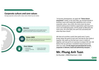 Corporate culture and core values
Strong corporate culture with a clear vision driven by core values
Change financing approach to assist people toward a
better life with quick, easy & transparent services
Mission
F88 is the largest personal financial service corporate in
Vietnam, loved and admired by everyone
Vision 2025
• Authenticity
• Customer centricity
• Integrity
Core Values
• Cause in the matter
• Good Relationship
“In business development, we apply the “Vision-Driven
Investment" model. In the early days, we invested heavily in
building a team with leadership capabilities and a strong
corporate culture. Since 2015, the entire team has been
trained continuously to build an organization with long term
vision and challenging goals. All the people of F88 share the
same voice, the same goal, the same love and belief with
what they have chosen.
We have set ourselves crystal clear goals every 5 years,
broken down the goals to each year and step by step realize it
together. We made our first five-year vision a reality all
together, and now we're on a journey to conquer the next. We
believe that we will have a wonderful and proud journey
when we make F88 the largest personal financial service
corporate in Vietnam, loved and admired by everyone…”
Mr. Phung Anh Tuan
Co-founder | BOD Chairman | CEO
 