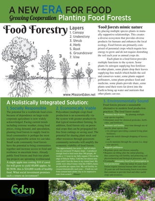 A NEW ERA FOR FOOD
Planting Food ForestsGrowing Cooperation
Food forests mimic nature
by placing multiple species plants in mutu-
ally supportive relationships. This creates
a diverse ecosystem that provides diverse
products for humans and enhances the local
ecology. Food forests are primarily com-
prised of perennial crops which require less
energy to grow and do not require distrubing
the soil each year as annual crops do.
	 Each plant in a food forest provides
multiple functions to the system. Some
plants fix nitrogen supplying free fertilizer
to other plants, some plants drop their leaves
supplying free mulch which builds the soil
and conserves water, some plants support
pollinators, some plants produce food and
medicine, some plants provide share, some
plants send their roots far down into the
Earth to bring up water and nutrients that
other plants can use.
2. Economically Viable
Polyculture (multiple crop) food
production is an economically via-
ble system with greater productivity
that typical monoculture farming. In
addition, food forests rely on peren-
nial crops that can be propagated for
free from cuttings or saving seed. The
potential for sharing plant stock and
other resources through grassroots
community networks will amplify the
economic viability of food forests.
“On approximately two acres— half of which
was on a terraced 35 degree slope—I produced
enough food to feed more than 300 people, 49
weeks a ¬¬¬year in my fully organic CSA on the
edge of Silicon Valley. I did this for almost nine
years until I lost the lease to my rented land. My
yields were often 8 times what the USDA claims
are possible per square foot. My soil fertility in-
creased dramatically each year… I built my soil
from cement-hard adobe clay to its impressive
state from scratch.” (Blume)
A Holistically Integrated Solution: 3. Environmentally Sound
Food forests present a sustainable
alternative to modern food production
practices. The food forest model:
• Promotes bio-diversity by planting multiple
crop species together;
• Eliminates need for chemical pesticides, herbi-
cides, and fertilizers;
• Increases soil fertility over time through use of
specific plant species that:
o fix nitrogen (providing a natural living plant
fertilizer),
o provide mulch (through dropping of leaves),
and
o cycle nutrients through the system (i.e. deep
root species),
• Supports pollinators,
• Regulates pests and disease naturally,
• Requires no tilling after the initial planting,
thus conserving soil fertility and protecting soil
physiochemical and biological processes, and
• Eventually eliminates fossil fuel consumption in
food production. After the initial 10 years food
forests require minimal human labor and after
20 years are self-functioning forest ecosystems
that continue to provide food and other useful
crops and resources.
1. Socially Responsible
The potential for a worldwide food crisis
because of dependence on large-scale
corporate agriculture is now widely
acknowledged. Facing current trends
including extreme weather, rising food
prices, rising demand, and speculation,
planting food forests to supply food to
local communities is perhaps the most
socially responsible action we can take.
Small scale community food forests
have the potential to bring communities
together and increase access to food and
resilience in uncertain times. Already
public food forests and fruit tree plant-
ing projects are sprouting worldaround.
A single apple tree costing $10 if cared
for will grow to yield 48,000 apples. At
$0.50/lb. this is $24,000 worth of healthy
food. What social investment promises
such a return on investment?
 