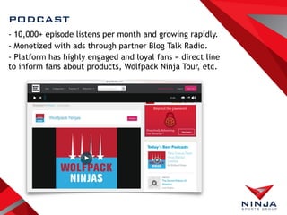 PODCAST
- 10,000+ episode listens per month and growing rapidly.
- Monetized with ads through partner Blog Talk Radio.
- Platform has highly engaged and loyal fans = direct line
to inform fans about products, Wolfpack Ninja Tour, etc.
 