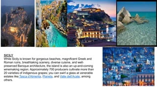 SICILY
While Sicily is known for gorgeous beaches, magnificent Greek and
Roman ruins, breathtaking scenery, diverse cuisine, and well-
preserved Baroque architecture, the island is also an up-and-coming
winemaking region. Approximately 700 producers cultivate more than
20 varieties of indigenous grapes; you can swirl a glass at venerable
estates like Tasca d’Almerita, Planeta, and Valle dell’Acate, among
others.
 