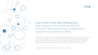 1
How to Win in the New API Economy
How to grow your business by sharing
enterprise data and services via application
programming interfaces (APIs)
Open APIs, once used only by leading technology companies such as Amazon and
Facebook, have become much more prevalent. Enterprises are beginning to reap
the beneﬁts from the API economy. Open APIs are projected to reach 30,000 by
2016, compared to less than 600 in 2007, 2,500 in 2010, and 11,000 in 2013.1
1
Craig Burton. More on the Open API Revolution. KuppingerCole Analysts.
 