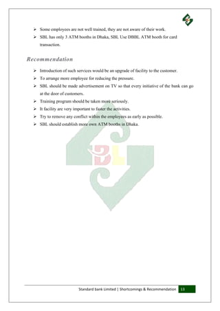 Standard bank Limited | Shortcomings & Recommendation 13
 Some employees are not well trained, they are not aware of their work.
 SBL has only 3 ATM booths in Dhaka, SBL Use DBBL ATM booth for card
transaction.
Recommendation
 Introduction of such services would be an upgrade of facility to the customer.
 To arrange more employee for reducing the pressure.
 SBL should be made advertisement on TV so that every initiative of the bank can go
at the door of customers.
 Training program should be taken more seriously.
 It facility are very important to faster the activities.
 Try to remove any conflict within the employees as early as possible.
 SBL should establish more own ATM booths in Dhaka.
 