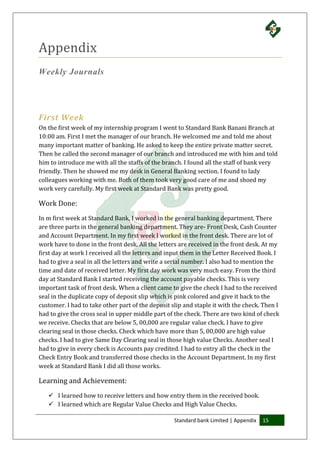 Standard bank Limited | Appendix 15
Appendix
Weekly Journals
First Week
On the first week of my internship program I went to Standard Bank Banani Branch at
10:00 am. First I met the manager of our branch. He welcomed me and told me about
many important matter of banking. He asked to keep the entire private matter secret.
Then he called the second manager of our branch and introduced me with him and told
him to introduce me with all the staffs of the branch. I found all the staff of bank very
friendly. Then he showed me my desk in General Banking section. I found to lady
colleagues working with me. Both of them took very good care of me and shoed my
work very carefully. My first week at Standard Bank was pretty good.
Work Done:
In m first week at Standard Bank, I worked in the general banking department. There
are three parts in the general banking department. They are- Front Desk, Cash Counter
and Account Department. In my first week I worked in the front desk. There are lot of
work have to done in the front desk. All the letters are received in the front desk. At my
first day at work I received all the letters and input them in the Letter Received Book. I
had to give a seal in all the letters and write a serial number. I also had to mention the
time and date of received letter. My first day work was very much easy. From the third
day at Standard Bank I started receiving the account payable checks. This is very
important task of front desk. When a client came to give the check I had to the received
seal in the duplicate copy of deposit slip which is pink colored and give it back to the
customer. I had to take other part of the deposit slip and staple it with the check. Then I
had to give the cross seal in upper middle part of the check. There are two kind of check
we receive. Checks that are below 5, 00,000 are regular value check. I have to give
clearing seal in those checks. Check which have more than 5, 00,000 are high value
checks. I had to give Same Day Clearing seal in those high value Checks. Another seal I
had to give in every check is Accounts pay credited. I had to entry all the check in the
Check Entry Book and transferred those checks in the Account Department. In my first
week at Standard Bank I did all those works.
Learning and Achievement:
 I learned how to receive letters and how entry them in the received book.
 I learned which are Regular Value Checks and High Value Checks.
 