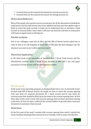 Standard bank Limited | Appendix 19
 Learned what are the required documents for current account are.
 Learned what are the required documents for Savings account are.
Observation/Reflection:
Most of the people who opened current account give the all the documents including the
trade license but the trade license have to be updated and have give that update copy to
Bank to active the bank account. It helps me to understand how to maintain a bank
account as account holder. Later when I will start my business and have to transaction
with bank at regular basis it will help me.
Notable incidents:
One of our colleagues came late at office and the SEO of banani branch asked him to
come at time or he will complain to Head office at HR dept. But that colleague said “Do
whatever you want to do, I will be late every day!!!”
Theoretical Application:
In the third week of my internship at Standard Bank I found Trade license and Tax
identification number which I learnt in my bachelor at NSU and I saw real paper
documents of Trade license and Tax identification number.
Forth week
Forth week of my internship program at Standard Bank Ltd is over. In this forth week I
worked with SEO of Banani branch. He taught me how to check the account opening
from and what are required documents for a bank account and he also teach me
necessary part that should be filled up by the bank in the account opening form. At first
three days of this week I work with account opening, find out those document missing
in the form. At last two days I called all the account holders to provide those necessary
documents to maintain a bank account.
Work Done:
At the first part of the week I worked with account opening form which I started last
week. I finished checking all the account form at Tuesday. I had to make a list like this.
 