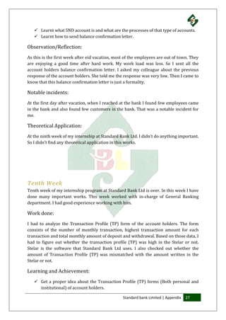 Standard bank Limited | Appendix 27
 Learnt what SND account is and what are the processes of that type of accounts.
 Learnt how to send balance confirmation letter.
Observation/Reflection:
As this is the first week after eid vacation, most of the employees are out of town. They
are enjoying a good time after hard work. My work load was less. So I sent all the
account holders balance confirmation letter. I asked my colleague about the previous
response of the account holders. She told me the response was very low. Then I came to
know that this balance confirmation letter is just a formality.
Notable incidents:
At the first day after vacation, when I reached at the bank I found few employees came
in the bank and also found few customers in the bank. That was a notable incident for
me.
Theoretical Application:
At the ninth week of my internship at Standard Bank Ltd. I didn’t do anything important.
So I didn’t find any theoretical application in this works.
Tenth Week
Tenth week of my internship program at Standard Bank Ltd is over. In this week I have
done many important works. This week worked with in-charge of General Banking
department. I had good experience working with him.
Work done:
I had to analyze the Transaction Profile (TP) form of the account holders. The form
consists of the number of monthly transaction, highest transaction amount for each
transaction and total monthly amount of deposit and withdrawal. Based on those data, I
had to figure out whether the transaction profile (TP) was high in the Stelar or not.
Stelar is the software that Standard Bank Ltd uses. I also checked out whether the
amount of Transaction Profile (TP) was mismatched with the amount written in the
Stelar or not.
Learning and Achievement:
 Get a proper idea about the Transaction Profile (TP) forms (Both personal and
institutional) of account holders.
 