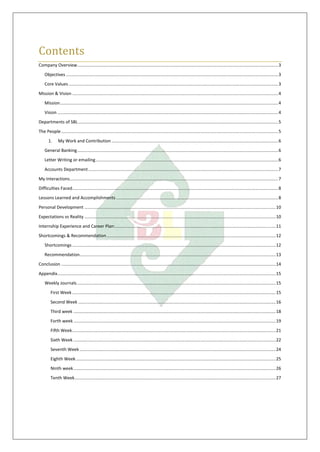 Contents
Company Overview....................................................................................................................................................................3
Objectives .............................................................................................................................................................................3
Core Values...........................................................................................................................................................................3
Mission & Vision ........................................................................................................................................................................4
Mission..................................................................................................................................................................................4
Vision ....................................................................................................................................................................................4
Departments of SBL ...................................................................................................................................................................5
The People.................................................................................................................................................................................5
1. My Work and Contribution ........................................................................................................................................6
General Banking....................................................................................................................................................................6
Letter Writing or emailing.....................................................................................................................................................6
Accounts Department...........................................................................................................................................................7
My Interactions..........................................................................................................................................................................7
Difficulties Faced........................................................................................................................................................................8
Lessons Learned and Accomplishments ....................................................................................................................................8
Personal Development ............................................................................................................................................................10
Expectations vs Reality ............................................................................................................................................................10
Internship Experience and Career Plan:...................................................................................................................................11
Shortcomings & Recommendation..........................................................................................................................................12
Shortcomings ......................................................................................................................................................................12
Recommendation................................................................................................................................................................13
Conclusion ...............................................................................................................................................................................14
Appendix..................................................................................................................................................................................15
Weekly Journals ..................................................................................................................................................................15
First Week ......................................................................................................................................................................15
Second Week .................................................................................................................................................................16
Third week .....................................................................................................................................................................18
Forth week .....................................................................................................................................................................19
Fifth Week......................................................................................................................................................................21
Sixth Week .....................................................................................................................................................................22
Seventh Week ................................................................................................................................................................24
Eighth Week...................................................................................................................................................................25
Ninth week.....................................................................................................................................................................26
Tenth Week....................................................................................................................................................................27
 