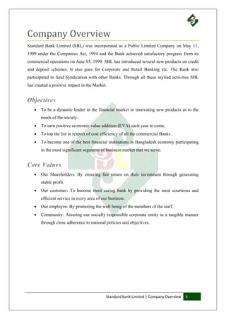 Standard bank Limited | Company Overview 3
Company Overview
Standard Bank Limited (SBL) was incorporated as a Public Limited Company on May 11,
1999 under the Companies Act, 1994 and the Bank achieved satisfactory progress from its
commercial operations on June 03, 1999. SBL has introduced several new products on credit
and deposit schemes. It also goes for Corporate and Retail Banking etc. The Bank also
participated in fund Syndication with other Banks. Through all these myriad activities SBL
has created a positive impact in the Market.
Objectives
 To be a dynamic leader in the financial market in innovating new products as to the
needs of the society.
 To earn positive economic value addition (EVA) each year to come.
 To top the list in respect of cost efficiency of all the commercial Banks.
 To become one of the best financial institutions in Bangladesh economy participating
in the most significant segments of business market that we serve.
Core Values
 Our Shareholders: By ensuring fair return on their investment through generating
stable profit.
 Our customer: To become most caring bank by providing the most courteous and
efficient service in every area of our business.
 Our employee: By promoting the well being of the members of the staff.
 Community: Assuring our socially responsible corporate entity in a tangible manner
through close adherence to national policies and objectives.
 