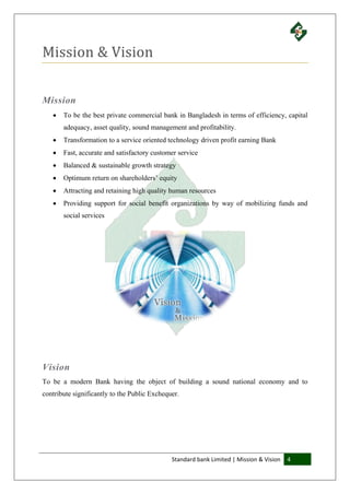 Standard bank Limited | Mission & Vision 4
Mission & Vision
Mission
 To be the best private commercial bank in Bangladesh in terms of efficiency, capital
adequacy, asset quality, sound management and profitability.
 Transformation to a service oriented technology driven profit earning Bank
 Fast, accurate and satisfactory customer service
 Balanced & sustainable growth strategy
 Optimum return on shareholders’ equity
 Attracting and retaining high quality human resources
 Providing support for social benefit organizations by way of mobilizing funds and
social services
Vision
To be a modern Bank having the object of building a sound national economy and to
contribute significantly to the Public Exchequer.
 