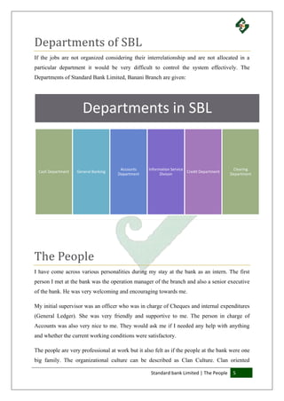 Standard bank Limited | The People 5
Departments of SBL
If the jobs are not organized considering their interrelationship and are not allocated in a
particular department it would be very difficult to control the system effectively. The
Departments of Standard Bank Limited, Banani Branch are given:
The People
I have come across various personalities during my stay at the bank as an intern. The first
person I met at the bank was the operation manager of the branch and also a senior executive
of the bank. He was very welcoming and encouraging towards me.
My initial supervisor was an officer who was in charge of Cheques and internal expenditures
(General Ledger). She was very friendly and supportive to me. The person in charge of
Accounts was also very nice to me. They would ask me if I needed any help with anything
and whether the current working conditions were satisfactory.
The people are very professional at work but it also felt as if the people at the bank were one
big family. The organizational culture can be described as Clan Culture. Clan oriented
Departments in SBL
Cash Department General Banking
Accounts
Department
Information Service
Divison
Credit Department
Clearing
Department
 