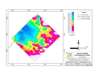 764000
764000
765000
765000
766000
766000
767000
767000
9544000
9544000
9545000
9545000
9546000
9546000
Leyenda
Área de Estudio
Carretera Lastrada
Vía No Transitable
0 1,000500
Metros
ESCUELA SUPERIOR
POLITÉCNICA DEL LITORAL
Tesis de Grado
Escala
Magnetometría Terrestre - Campo Magnético Total
Fecha: Julio - 2009
1 : 20,000 Preparado por: José Antonio Cires Morán
UTM PSAD 56 Zona 17S
Modelo Geológico del Yacimiento "Viche Conguime 3"
para la determinación de su valor económico
Figura 7.23.
 