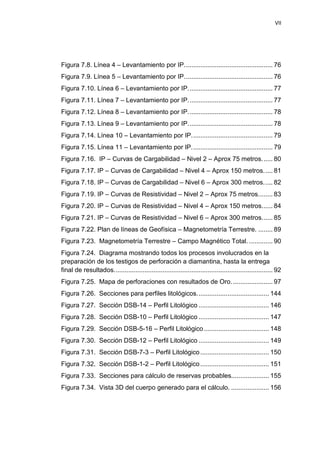 VII
Figura 7.8. Línea 4 – Levantamiento por IP................................................. 76
Figura 7.9. Línea 5 – Levantamiento por IP................................................. 76
Figura 7.10. Línea 6 – Levantamiento por IP............................................... 77
Figura 7.11. Línea 7 – Levantamiento por IP............................................... 77
Figura 7.12. Línea 8 – Levantamiento por IP............................................... 78
Figura 7.13. Línea 9 – Levantamiento por IP............................................... 78
Figura 7.14. Línea 10 – Levantamiento por IP............................................. 79
Figura 7.15. Línea 11 – Levantamiento por IP............................................. 79
Figura 7.16. IP – Curvas de Cargabilidad – Nivel 2 – Aprox 75 metros...... 80
Figura 7.17. IP – Curvas de Cargabilidad – Nivel 4 – Aprox 150 metros..... 81
Figura 7.18. IP – Curvas de Cargabilidad – Nivel 6 – Aprox 300 metros..... 82
Figura 7.19. IP – Curvas de Resistividad – Nivel 2 – Aprox 75 metros........ 83
Figura 7.20. IP – Curvas de Resistividad – Nivel 4 – Aprox 150 metros...... 84
Figura 7.21. IP – Curvas de Resistividad – Nivel 6 – Aprox 300 metros...... 85
Figura 7.22. Plan de líneas de Geofísica – Magnetometría Terrestre. ........ 89
Figura 7.23. Magnetometría Terrestre – Campo Magnético Total. ............. 90
Figura 7.24. Diagrama mostrando todos los procesos involucrados en la
preparación de los testigos de perforación a diamantina, hasta la entrega
final de resultados........................................................................................ 92
Figura 7.25. Mapa de perforaciones con resultados de Oro....................... 97
Figura 7.26. Secciones para perfiles litológicos........................................ 144
Figura 7.27. Sección DSB-14 – Perfil Litológico ....................................... 146
Figura 7.28. Sección DSB-10 – Perfil Litológico ....................................... 147
Figura 7.29. Sección DSB-5-16 – Perfil Litológico .................................... 148
Figura 7.30. Sección DSB-12 – Perfil Litológico ....................................... 149
Figura 7.31. Sección DSB-7-3 – Perfil Litológico ...................................... 150
Figura 7.32. Sección DSB-1-2 – Perfil Litológico ...................................... 151
Figura 7.33. Secciones para cálculo de reservas probables..................... 155
Figura 7.34. Vista 3D del cuerpo generado para el cálculo. ..................... 156
 