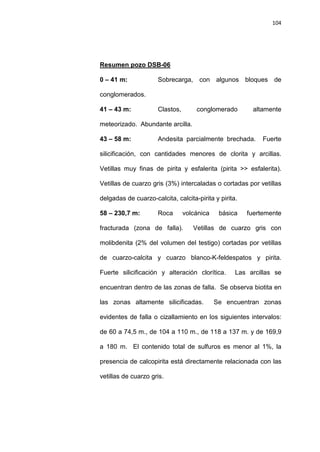 104
0 – 41 m: Sobrecarga, con algunos bloques de
conglomerados.
Resumen pozo DSB-06
41 – 43 m: Clastos, conglomerado altamente
meteorizado. Abundante arcilla.
43 – 58 m: Andesita parcialmente brechada. Fuerte
silicificación, con cantidades menores de clorita y arcillas.
Vetillas muy finas de pirita y esfalerita (pirita >> esfalerita).
Vetillas de cuarzo gris (3%) intercaladas o cortadas por vetillas
delgadas de cuarzo-calcita, calcita-pirita y pirita.
58 – 230,7 m: Roca volcánica básica fuertemente
fracturada (zona de falla). Vetillas de cuarzo gris con
molibdenita (2% del volumen del testigo) cortadas por vetillas
de cuarzo-calcita y cuarzo blanco-K-feldespatos y pirita.
Fuerte silicificación y alteración clorítica. Las arcillas se
encuentran dentro de las zonas de falla. Se observa biotita en
las zonas altamente silicificadas. Se encuentran zonas
evidentes de falla o cizallamiento en los siguientes intervalos:
de 60 a 74,5 m., de 104 a 110 m., de 118 a 137 m. y de 169,9
a 180 m. El contenido total de sulfuros es menor al 1%, la
presencia de calcopirita está directamente relacionada con las
vetillas de cuarzo gris.
 