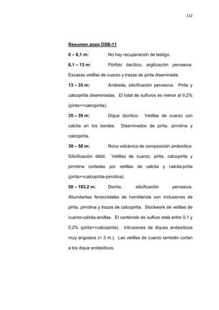 112
0 – 6,1 m: No hay recuperación de testigo.
Resumen pozo DSB-11
6,1 – 13 m: Pórfido dacítico, argilización pervasiva.
Escasas vetillas de cuarzo y trazas de pirita diseminada.
13 – 35 m: Andesita, silicificación pervasiva. Pirita y
calcopirita diseminadas. El total de sulfuros es menor al 0,2%
(pirita>>calcopirita).
35 – 39 m: Dique diorítico. Vetillas de cuarzo con
calcita en los bordes. Diseminados de pirita, pirrotina y
calcopirita.
39 – 58 m: Roca volcánica de composición andesítica.
Silicificación débil. Vetillas de cuarzo, pirita, calcopirita y
pirrotina cortadas por vetillas de calcita y calcita-pirita
(pirita>>calcopirita-pirrotina).
58 – 163,2 m: Diorita, silicificación pervasiva.
Abundantes fenocristales de hornblenda con inclusiones de
pirita, pirrotina y trazas de calcopirita. Stockwork de vetillas de
cuarzo-calcita-arcillas. El contenido de sulfuro está entre 0,1 y
0,2% (pirita>>calcopirita). Intrusiones de diques andesíticos
muy angostos (< 3 m.). Las vetillas de cuarzo también cortan
a los dique andesíticos.
 