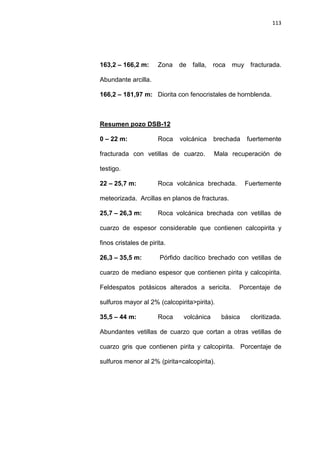 113
163,2 – 166,2 m: Zona de falla, roca muy fracturada.
Abundante arcilla.
166,2 – 181,97 m: Diorita con fenocristales de hornblenda.
0 – 22 m: Roca volcánica brechada fuertemente
fracturada con vetillas de cuarzo. Mala recuperación de
testigo.
Resumen pozo DSB-12
22 – 25,7 m: Roca volcánica brechada. Fuertemente
meteorizada. Arcillas en planos de fracturas.
25,7 – 26,3 m: Roca volcánica brechada con vetillas de
cuarzo de espesor considerable que contienen calcopirita y
finos cristales de pirita.
26,3 – 35,5 m: Pórfido dacítico brechado con vetillas de
cuarzo de mediano espesor que contienen pirita y calcopirita.
Feldespatos potásicos alterados a sericita. Porcentaje de
sulfuros mayor al 2% (calcopirita>pirita).
35,5 – 44 m: Roca volcánica básica cloritizada.
Abundantes vetillas de cuarzo que cortan a otras vetillas de
cuarzo gris que contienen pirita y calcopirita. Porcentaje de
sulfuros menor al 2% (pirita=calcopirita).
 