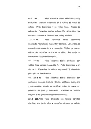 114
44 – 72 m: Roca volcánica básica cloritizada y muy
fracturada. Existe un incremento en el número de vetillas de
calcita. Pirita diseminada y en vetillas finas. Trazas de
calcopirita. Porcentaje total de sulfuros 1%. A los 66 m. hay
una veta considerable de cuarzo con pirita y esfalerita.
72 – 101 m: Roca volcánica básica débilmente
silicificada. Cúmulos de magnetita y actinolita. La hematita se
encuentra reemplazando a la magnetita. Vetillas de cuarzo-
calcita con pequeñas cantidades de pirita. Porcentaje de
sulfuros del 1% (pirita>>calcopirita).
101 – 165 m: Roca volcánica básica cloritizada con
vetillas finas blancas (escapolita ?). Pirita diseminada y en
stockwork. Porcentaje de sulfuros mayores al 2%, abundante
pirita y trazas de calcopirita.
165 – 221,6 m: Roca volcánica básica silicificada con
cantidades menores de clorita y biotita. Vetillas de cuarzo gris
y cuarzo-calcita, también se identifican vetillas de cuarzo con
presencia de pirita y molibdenita. Cantidad de sulfuros
mayores al 1% (pirita>>calcopirita>molibdenita).
221,6 – 230,73 m: Roca brechada con textura porfídica
afanítica, abundante sílice y pequeños cúmulos de calcita.
 