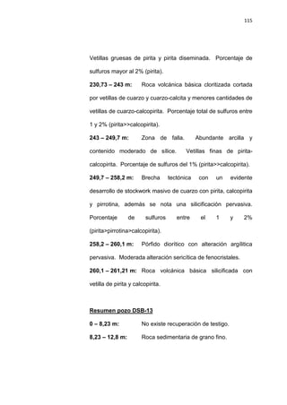 115
Vetillas gruesas de pirita y pirita diseminada. Porcentaje de
sulfuros mayor al 2% (pirita).
230,73 – 243 m: Roca volcánica básica cloritizada cortada
por vetillas de cuarzo y cuarzo-calcita y menores cantidades de
vetillas de cuarzo-calcopirita. Porcentaje total de sulfuros entre
1 y 2% (pirita>>calcopirita).
243 – 249,7 m: Zona de falla. Abundante arcilla y
contenido moderado de sílice. Vetillas finas de pirita-
calcopirita. Porcentaje de sulfuros del 1% (pirita>>calcopirita).
249,7 – 258,2 m: Brecha tectónica con un evidente
desarrollo de stockwork masivo de cuarzo con pirita, calcopirita
y pirrotina, además se nota una silicificación pervasiva.
Porcentaje de sulfuros entre el 1 y 2%
(pirita>pirrotina>calcopirita).
258,2 – 260,1 m: Pórfido diorítico con alteración argílitica
pervasiva. Moderada alteración sericítica de fenocristales.
260,1 – 261,21 m: Roca volcánica básica silicificada con
vetilla de pirita y calcopirita.
0 – 8,23 m: No existe recuperación de testigo.
Resumen pozo DSB-13
8,23 – 12,8 m: Roca sedimentaria de grano fino.
 