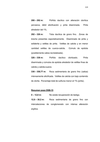 119
280 – 292 m: Pórfido dacítico con alteración clorítica
pervasiva, débil silicificación y pirita diseminada. Pirita
alrededor del 1%.
292 – 326 m: Toba dacítica de grano fino. Zonas de
brecha presentes esporádicamente. Diseminado de pirita y
esfalerita y vetillas de pirita. Vetillas de calcita y en menor
cantidad vetillas de cuarzo-calcita. Cúmulo de epidota
(posiblemente caliza recristalizada).
326 – 338 m: Pórfido dacítico cloritizado. Pirita
diseminada y cúmulos de epidota alrededor de vetillas finas de
calcita y calcita-cuarzo.
338 – 358,77 m: Roca sedimentaria de grano fino (caliza)
intensamente silicificada. Vetillas de calcita con bajo contenido
de clorita. Porcentaje total de sulfuros menor al 1% (pirita).
0 – 12,8 m: No existe recuperación de testigo.
Resumen pozo DSB-15
12,8 – 30,2 m: Roca sedimentaria de grano fino con
intercalaciones de conglomerado con intensa alteración
argílica.
 