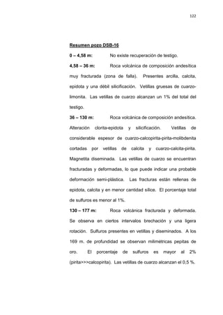 122
Resumen pozo DSB-16
0 – 4,58 m: No existe recuperación de testigo.
4,58 – 36 m: Roca volcánica de composición andesítica
muy fracturada (zona de falla). Presentes arcilla, calcita,
epidota y una débil silicificación. Vetillas gruesas de cuarzo-
limonita. Las vetillas de cuarzo alcanzan un 1% del total del
testigo.
36 – 130 m: Roca volcánica de composición andesítica.
Alteración clorita-epidota y silicificación. Vetillas de
considerable espesor de cuarzo-calcopirita-pirita-molibdenita
cortadas por vetillas de calcita y cuarzo-calcita-pirita.
Magnetita diseminada. Las vetillas de cuarzo se encuentran
fracturadas y deformadas, lo que puede indicar una probable
deformación semi-plástica. Las fracturas están rellenas de
epidota, calcita y en menor cantidad sílice. El porcentaje total
de sulfuros es menor al 1%.
130 – 177 m: Roca volcánica fracturada y deformada.
Se observa en ciertos intervalos brechación y una ligera
rotación. Sulfuros presentes en vetillas y diseminados. A los
169 m. de profundidad se observan milimétricas pepitas de
oro. El porcentaje de sulfuros es mayor al 2%
(pirita>>>calcopirita). Las vetillas de cuarzo alcanzan el 0,5 %.
 