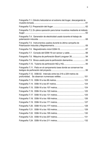 X
Fotografía 7.1. Cilindro helicoidal en el extremo del Auger, descargando la
muestra tomada........................................................................................... 61
Fotografía 7.2. Preparación del Auger......................................................... 62
Fotografía 7.3. En plena operación para tomar muestras mediante el método
Auger. .......................................................................................................... 62
Fotografía 7.4. Generador de electricidad usado durante el trabajo de
polarización inducida. .................................................................................. 68
Fotografía 7.5. Instrumentos usados durante la última campaña de
Polarización Inducida y Magnetometría....................................................... 69
Fotografía 7.6. Magnetómetro móvil GSM-19............................................. 87
Fotografía 7.7. Consola del GSM-19 con sensor y cable............................ 88
Fotografía 7.8. Máquina de perforación Boart Longyear 38........................ 94
Fotografía 7.9. Broca usada para la perforación diamantina. ..................... 95
Fotografía 7.10. Tubería de perforación NQ y HQ...................................... 95
Fotografía 7.11. Patio en el campamento base donde se conservan los
testigos de perforación del proyecto. ........................................................... 99
Fotografía 7.12. DSB-02. Intervalo entre los 218 a 228 metros de
profundidad. Se observan numerosas vetillas. ........................................ 101
Fotografía 7.13. DSB-16 a los 66 metros.................................................. 123
Fotografía 7.14. DSB-16 a los 87 metros.................................................. 124
Fotografía 7.15. DSB-16 a los 107 metros................................................ 124
Fotografía 7.16. DSB-16 a los 122 metros................................................ 125
Fotografía 7.17. DSB-16 a los 131 metros................................................ 125
Fotografía 7.18. DSB-16 a los 169 metros................................................ 126
Fotografía 7.19. DSB-16 a los 171 metros................................................ 127
Fotografía 7.20. DSB-16 a los 177 metros................................................ 128
Fotografía 7.21. DSB-16 a los 193 metros................................................ 129
Fotografía 7.22. DSB-16 a los 195 metros................................................ 130
Fotografía 7.23. DSB-16 a los 207 metros................................................ 131
Fotografía 7.24. DSB-16 a los 211 metros................................................ 132
 